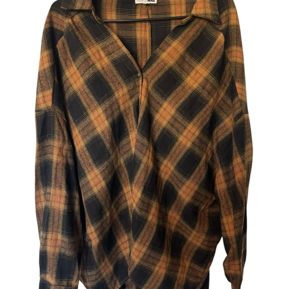 Fashion Nova Black and Orange Plaid Shirt